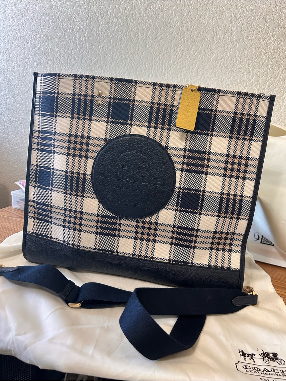 Coach Dempsey Large Tote Navy Plaid Jacquard Leather Crossbody C8410